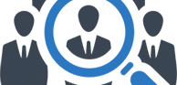 silhouettes of business men with a blue spyglass